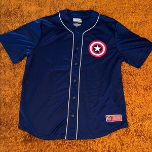 Marvel Captain America Navy Blue Baseball Jersey with Red and White Shield